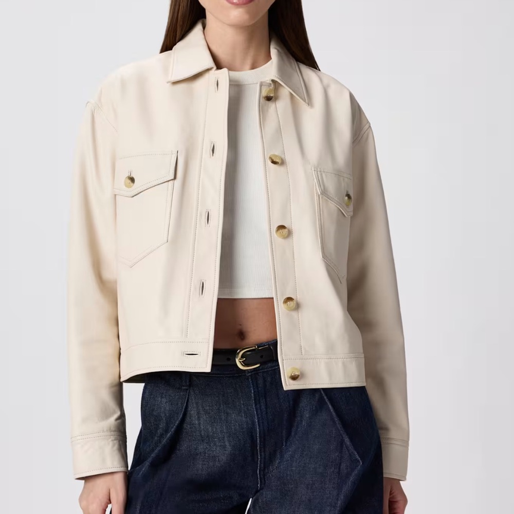Quince NWOT 100% Leather Cropped Light Beige Jacket birch white